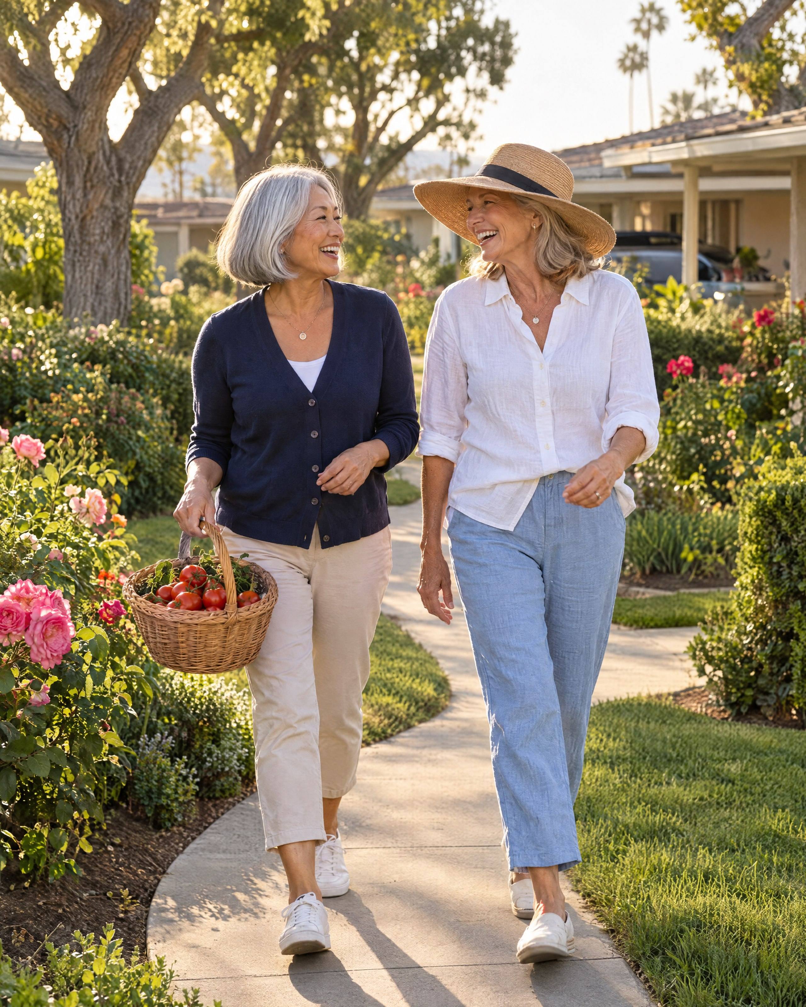 Two friends walk home along a garden path past single-story homes, laughing, one carrying a basket of tomatoes.