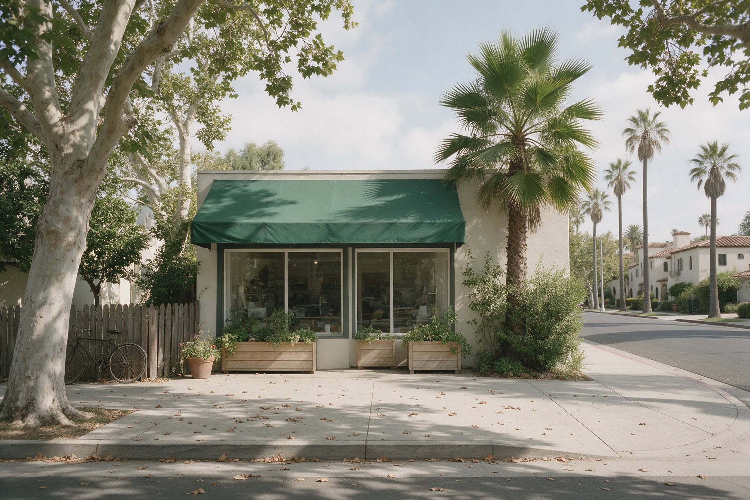 A small shop with a green awning on a quiet street corner.