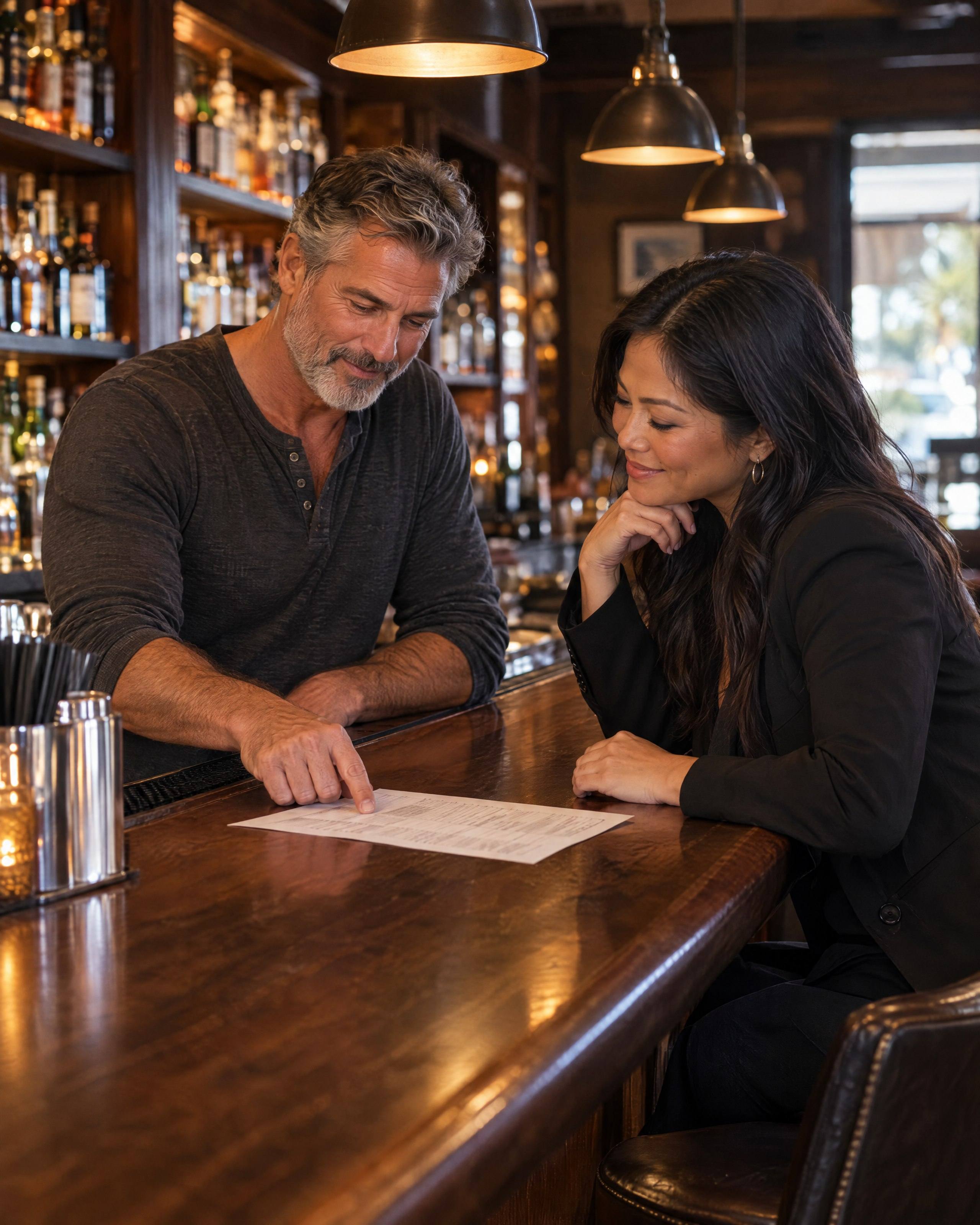 Before opening, a bar owner and the woman buying his bar look over the stock list on the bar.