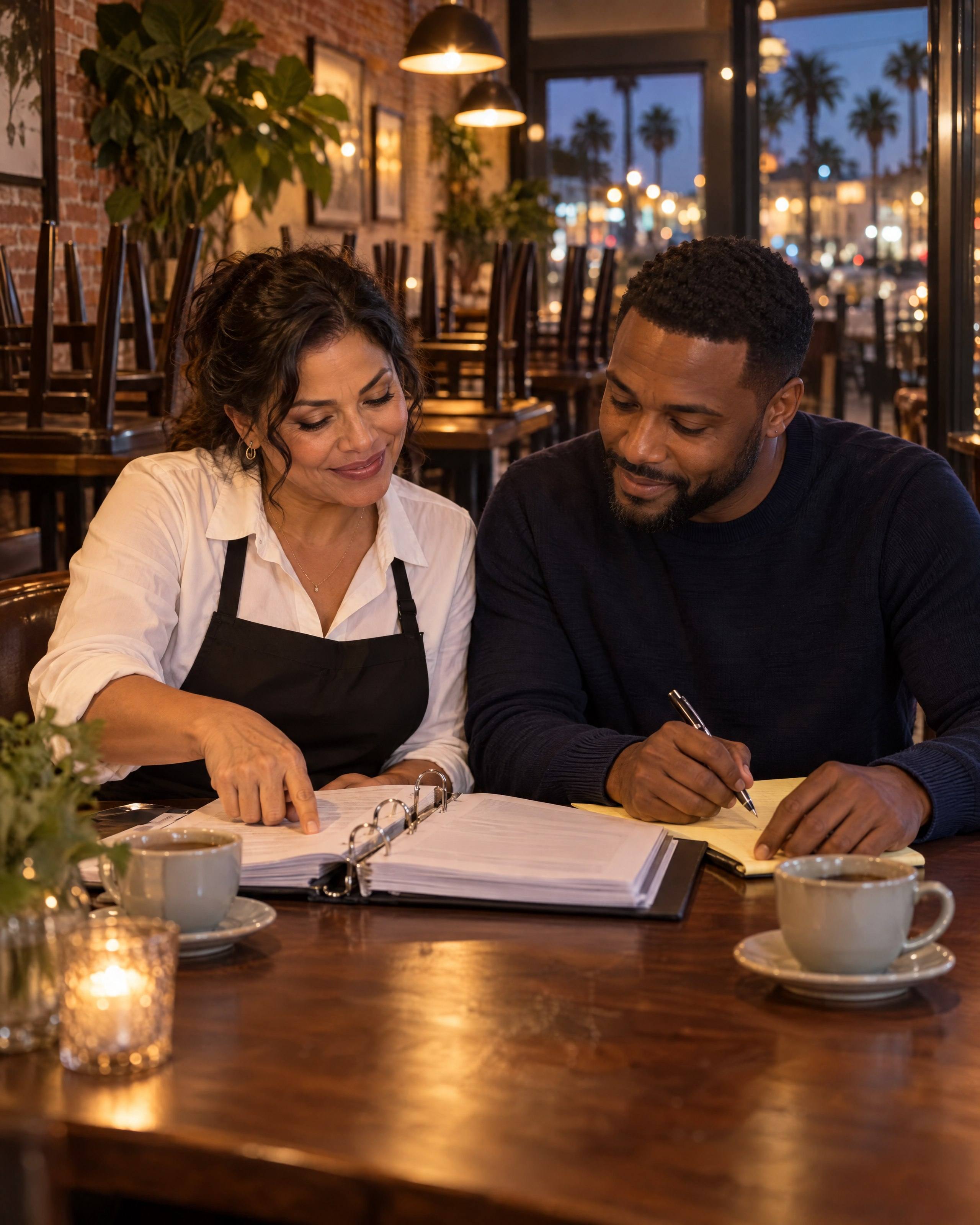 After closing, a restaurant owner and the man buying her restaurant go through the vendor binder together.