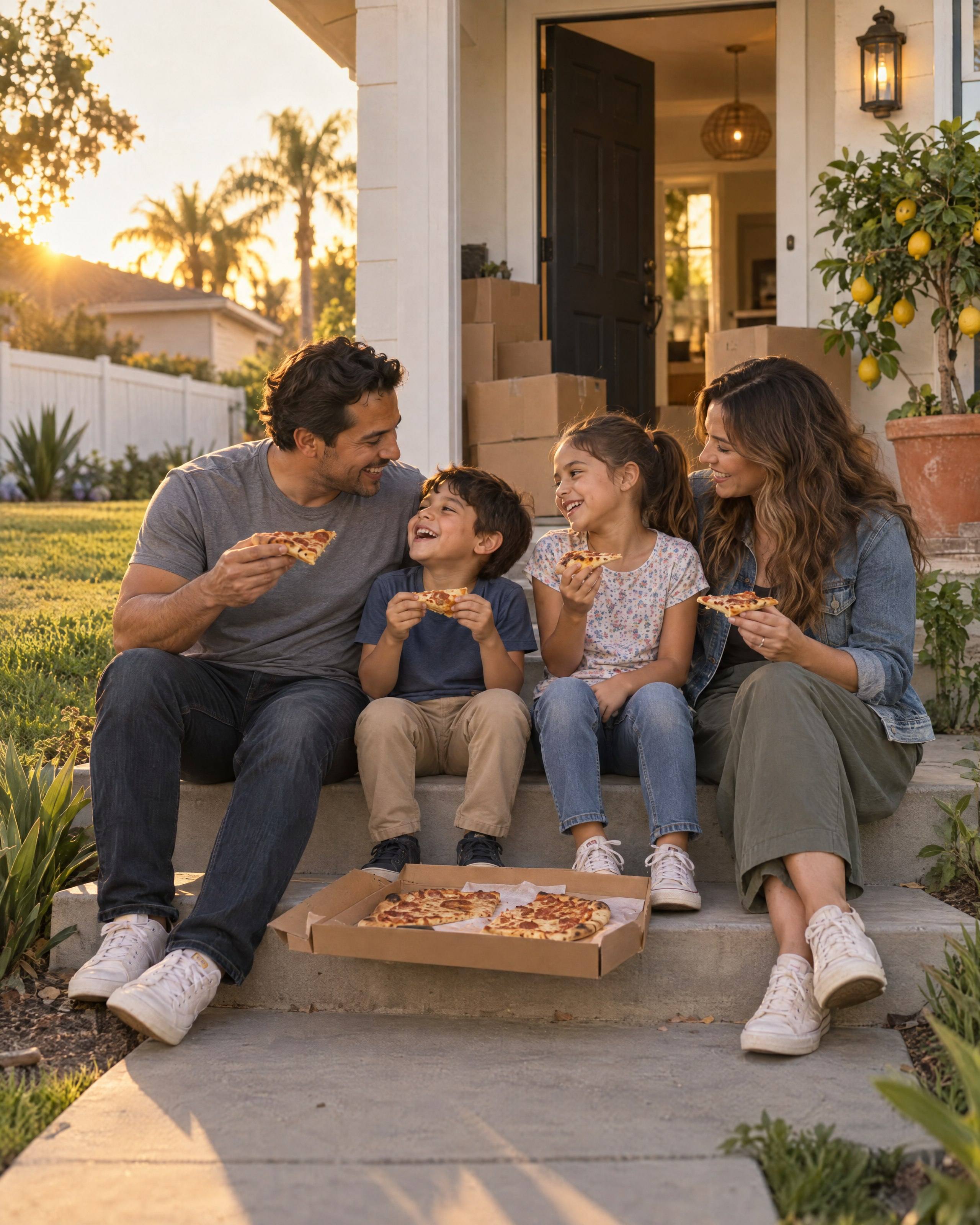On moving day, a family eats pizza on the front steps of their new house, boxes stacked by the open door.