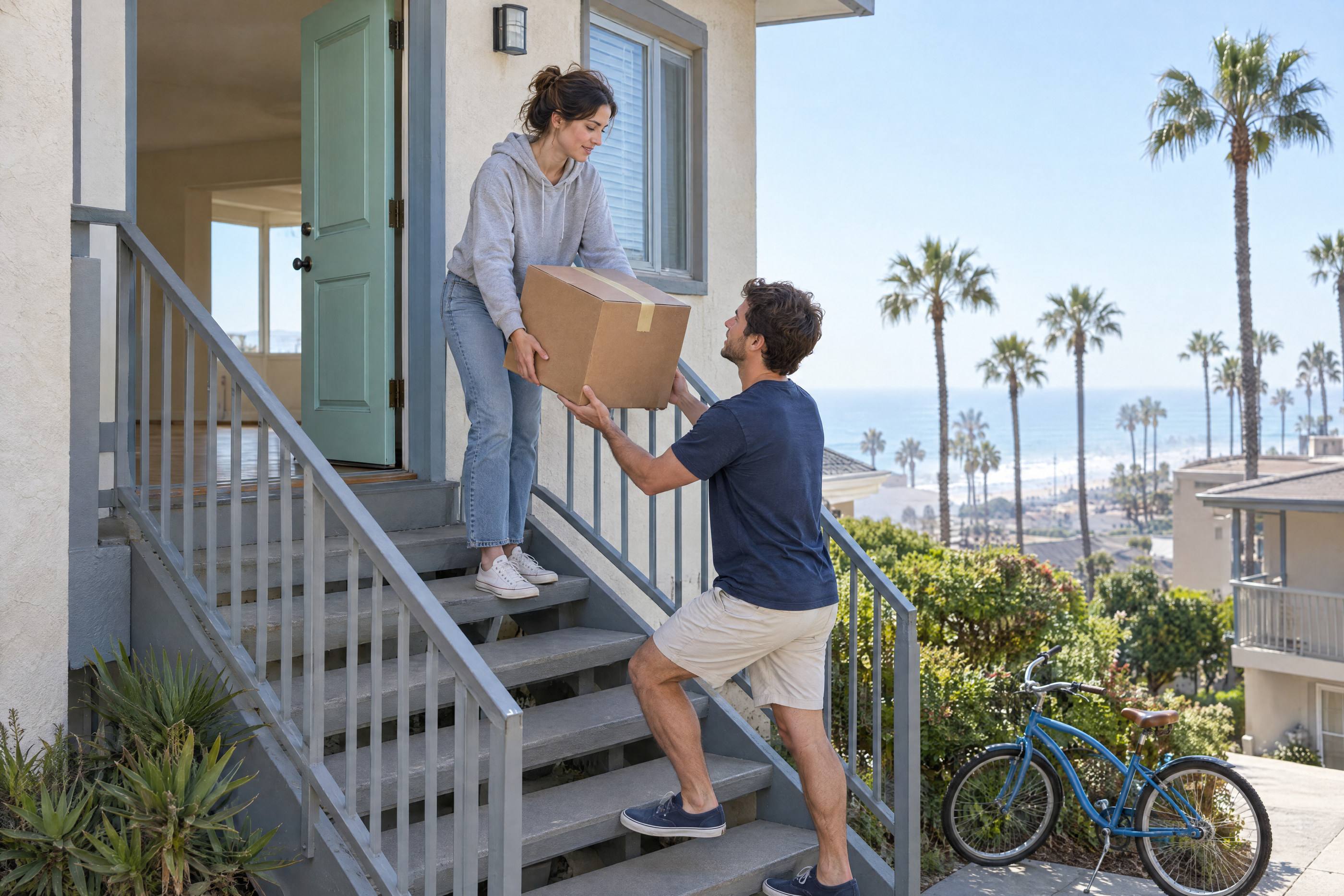 A woman hands a moving box down the front steps to a man.