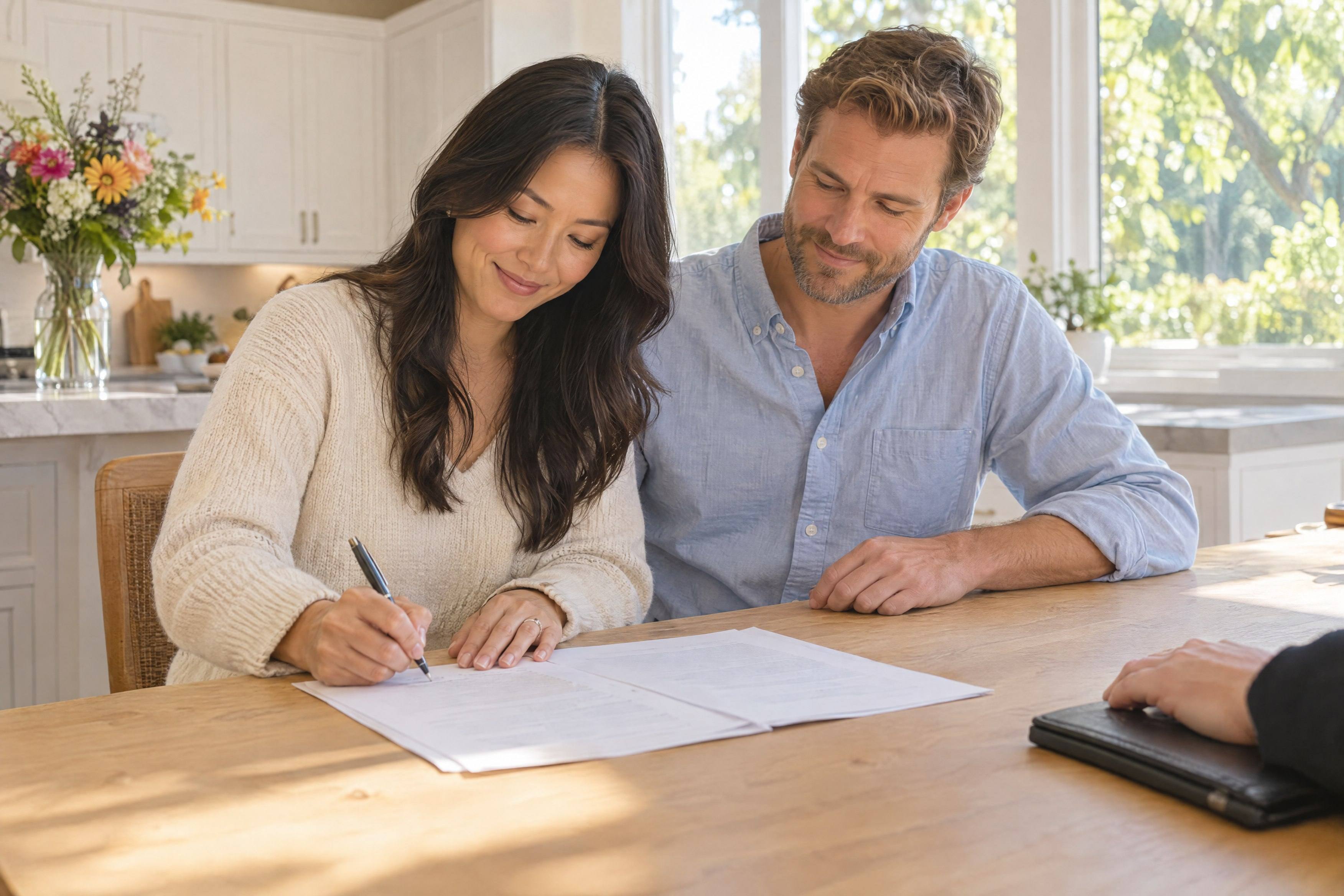 At their kitchen table, a couple signs the papers for their new home while the notary waits with the journal.