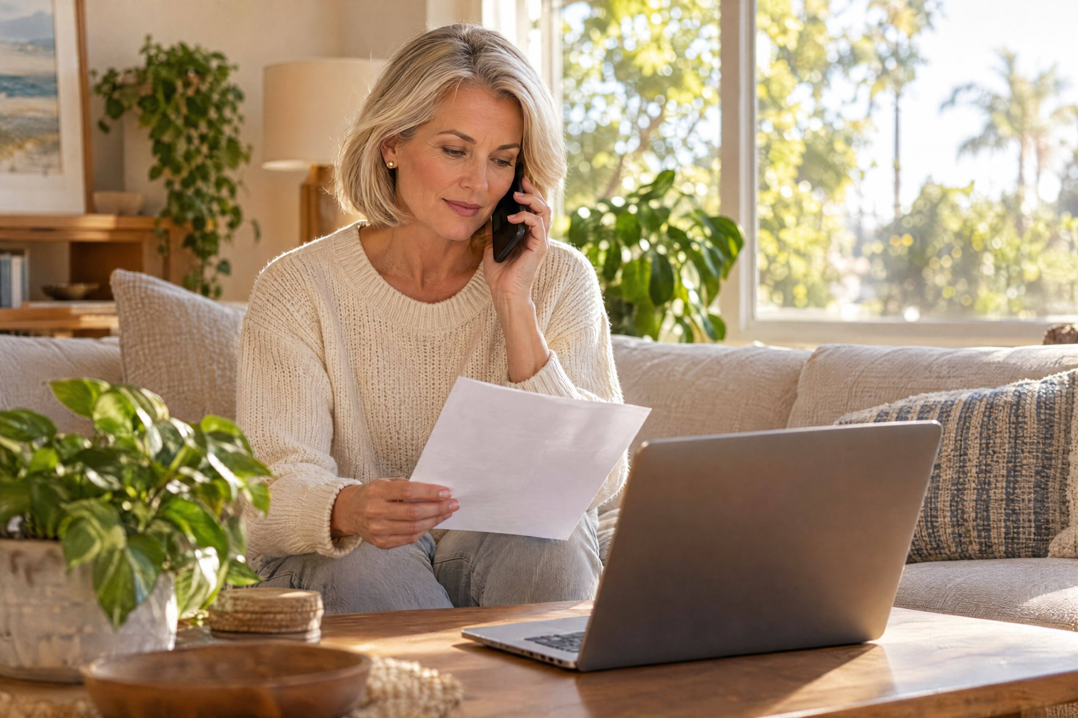 At home on her sofa, a woman on the phone reads a printed page, her laptop open in front of her.